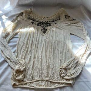 Free People Cream Graphic Ruched Long Sleeve Blouse